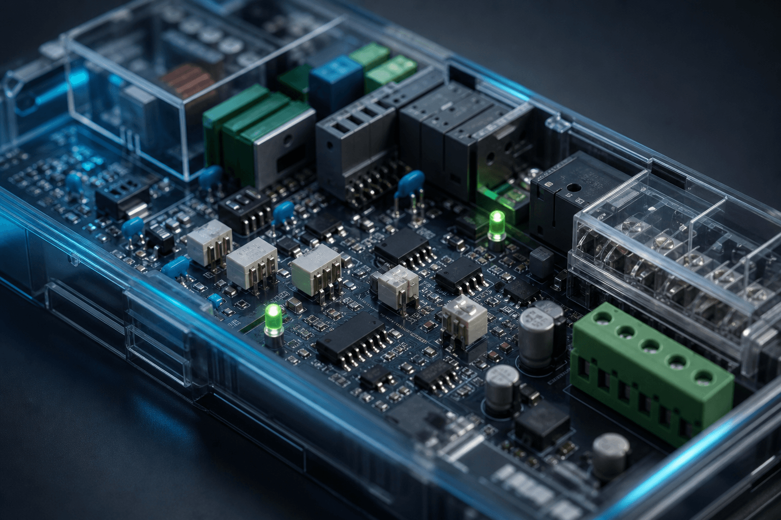 Black gold visual of SMD LED packages on an electronics board